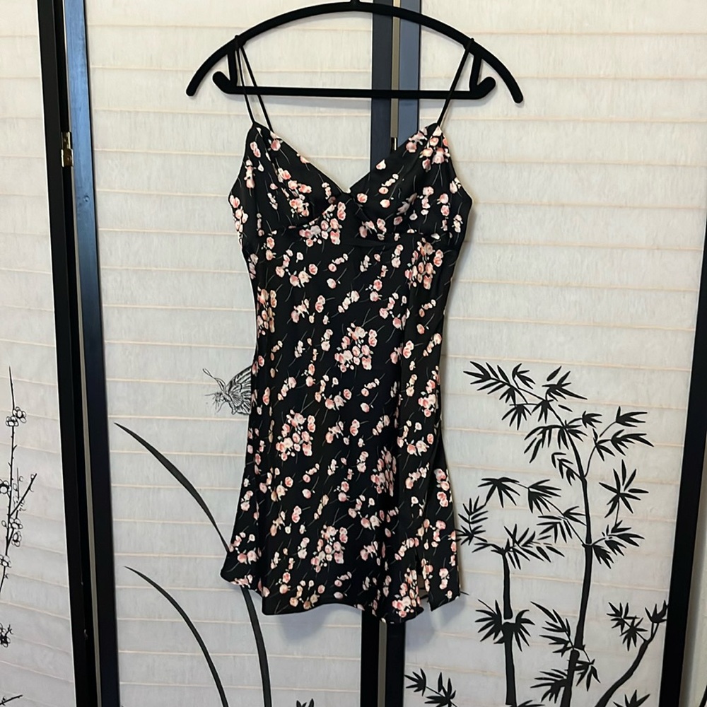 Black/floral print mini slip dress